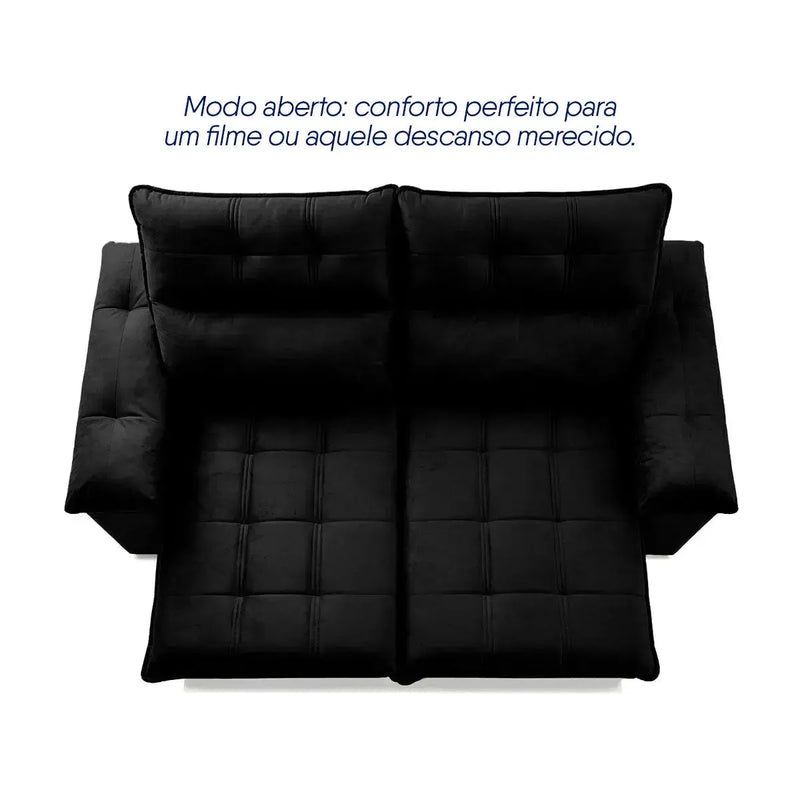 Sofá retrátil reclinável Verona preto em suede velut, com assento estendido e encosto reclinado.