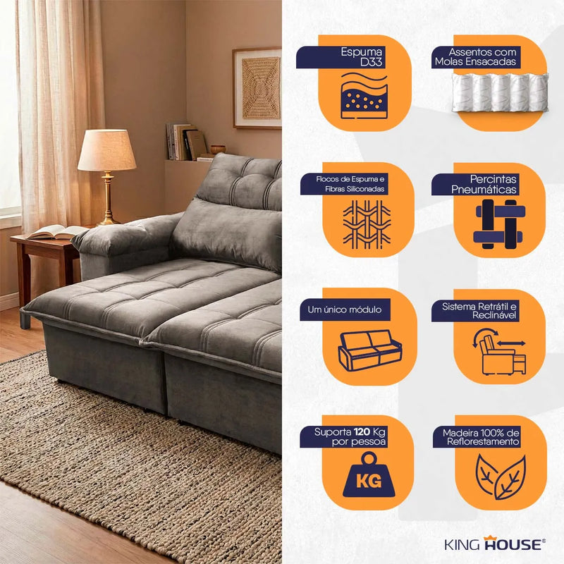 Sofá Retrátil Reclinável Verona 1,50m Suede Velut Tabaco Molas Ensacadas