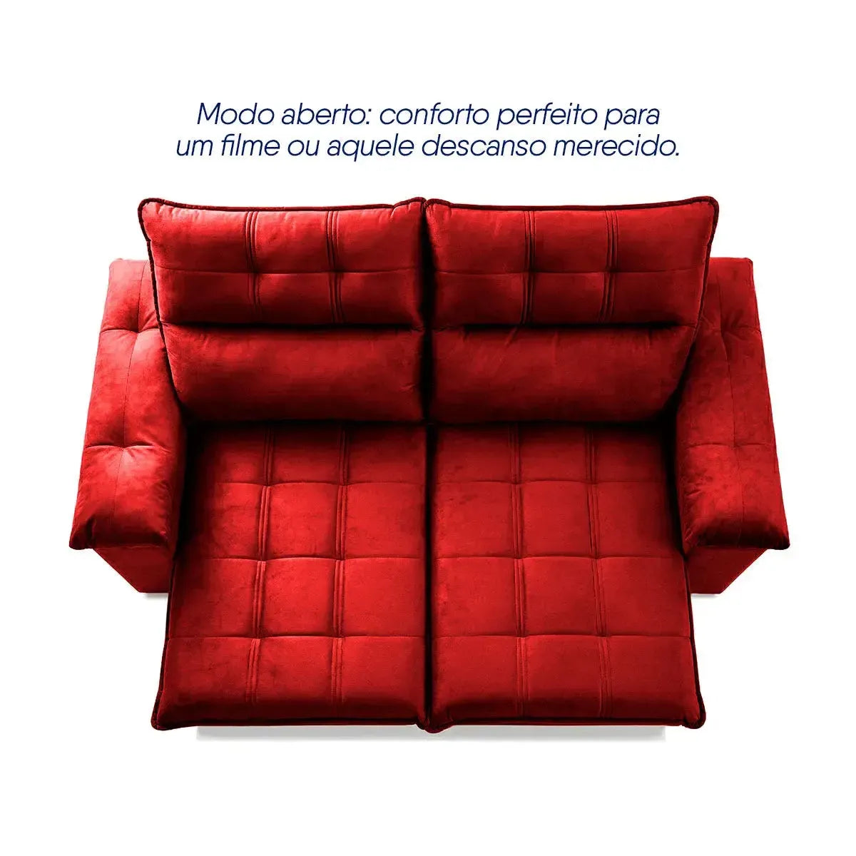 Sofá retrátil reclinável Verona vermelho 1,50m em suede velut, com assento estendido para conforto.