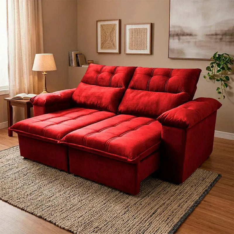 Sofá retrátil reclinável Verona vermelho 1,50m em suede velut com molas no assento.