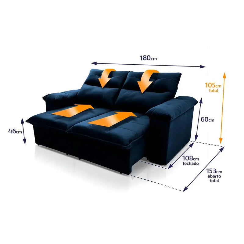 Sofá retrátil reclinável Verona azul marinho em suede velut, 1,80m, com molas no assento.