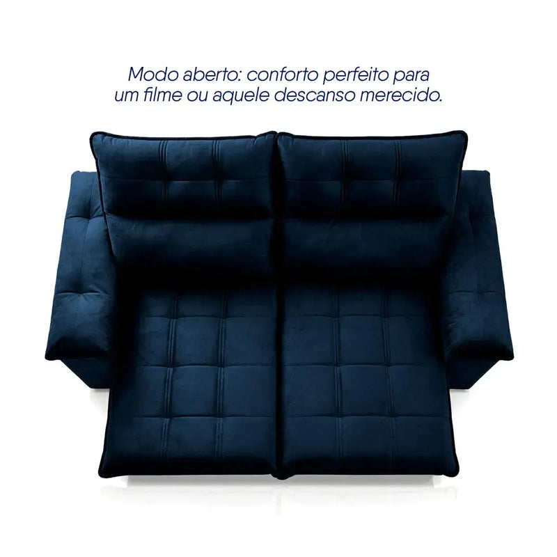 Sofá retrátil reclinável Verona 1,80m em suede velut azul marinho, com assento estendido.