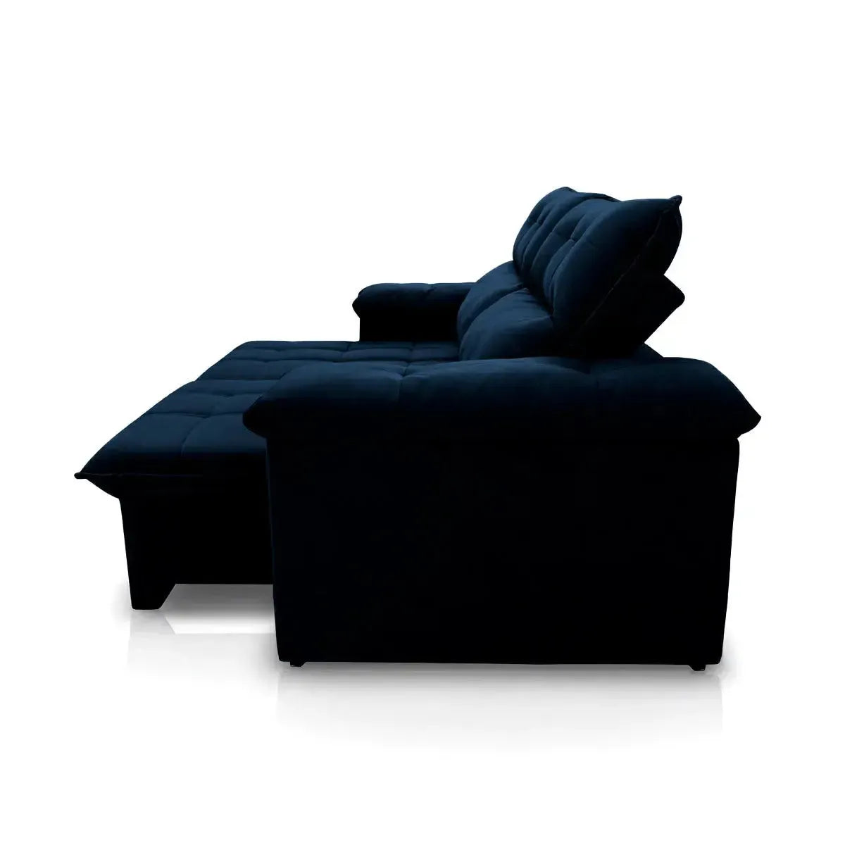 Sofá retrátil reclinável Verona 1,80m em suede velut azul marinho com assento estendido.