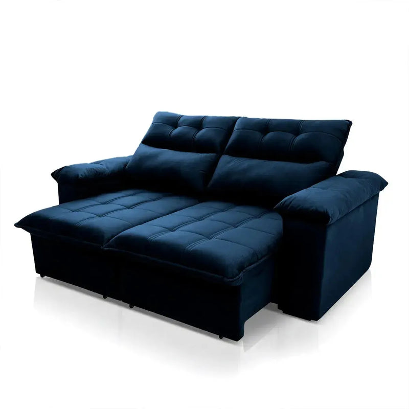 Sofá retrátil reclinável Verona 1,80m em suede velut azul marinho com molas no assento.