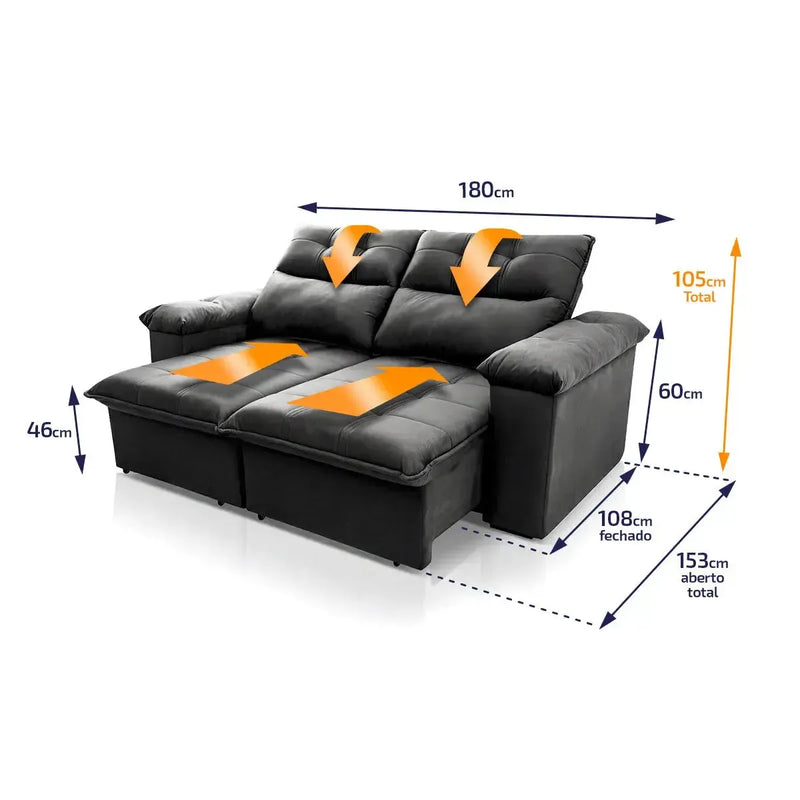 Sofá retrátil reclinável Verona 1,80m em suede velut cinza com molas, mostrando dimensões.