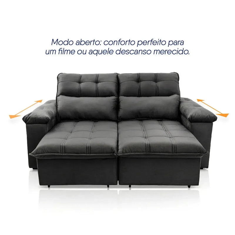 Sofá retrátil reclinável Verona 1,80m em suede velut cinza, com assento estendido para conforto.