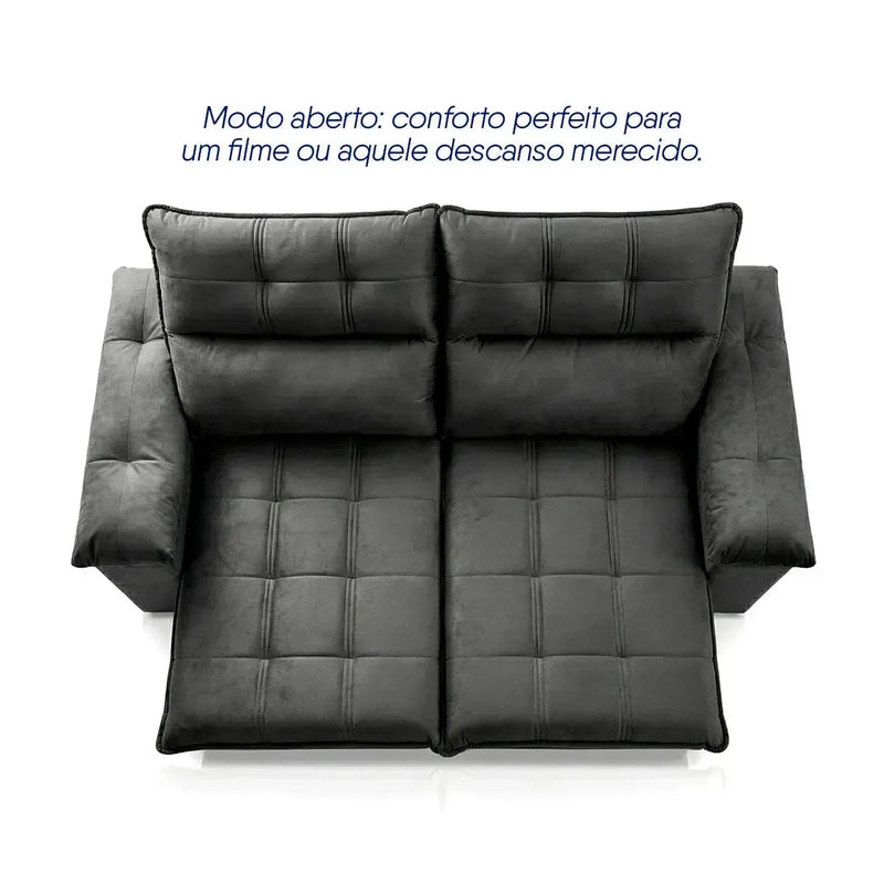 Sofá retrátil reclinável Verona cinza suede velut 1,80m com molas, assento estendido.