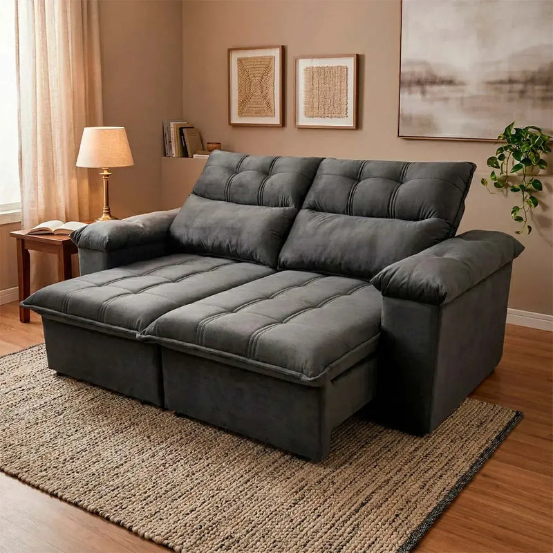 Sofá retrátil reclinável Verona 1,80m em suede velut cinza com molas no assento.