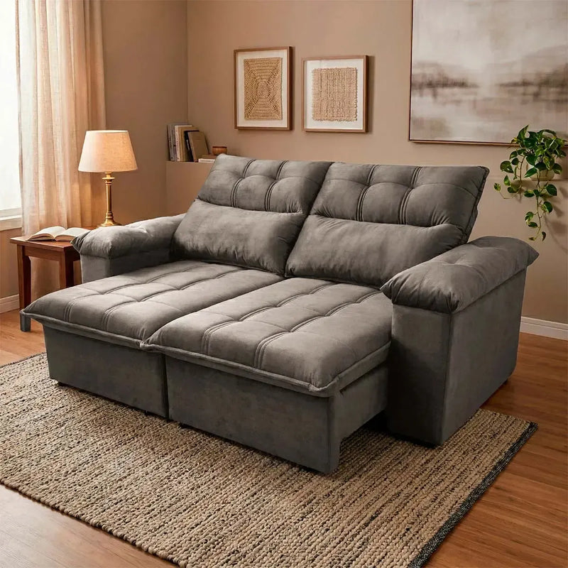 Sofá retrátil reclinável Verona 1,80m em suede velut cinza, com assento estendido e encosto ajustável.