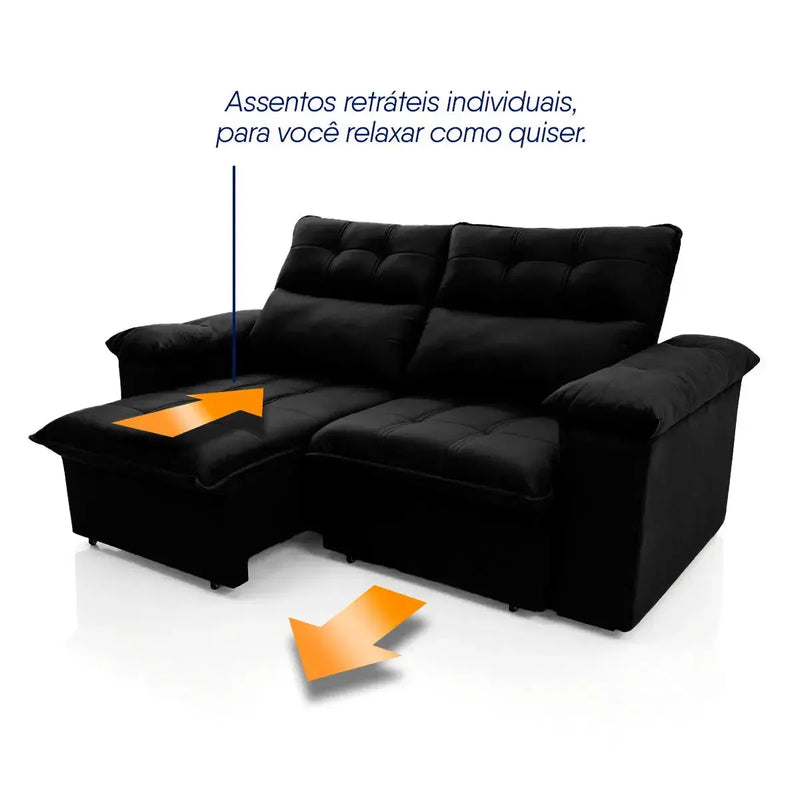 Sofá retrátil reclinável Verona preto em suede velut com assentos individuais e molas.