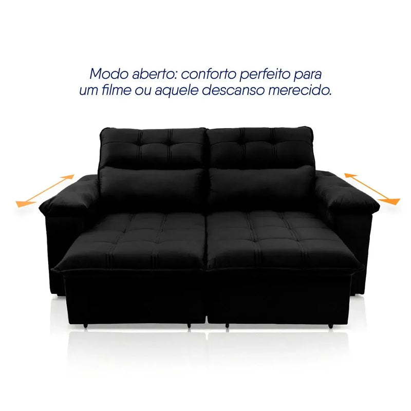 Sofá retrátil reclinável Verona preto em suede velut, com assento estendido para máximo conforto.