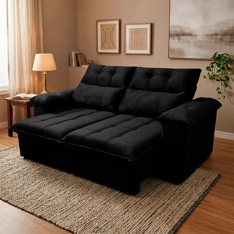 Sofá retrátil reclinável Verona preto em suede velut com molas, assento estendido.