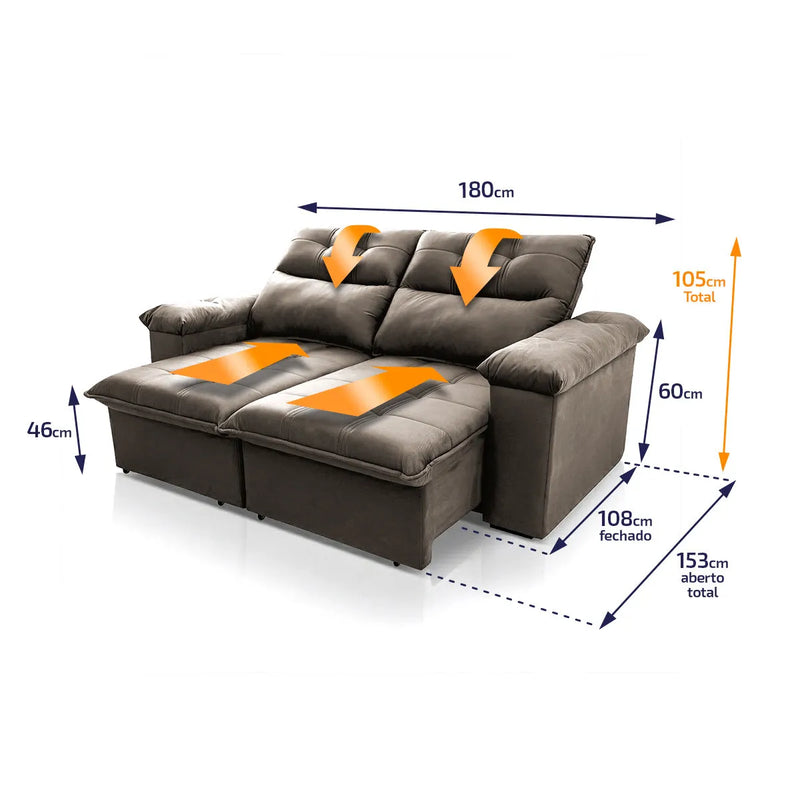 Sofá Retrátil Reclinável Verona 1,80m Suede Velut Tabaco Molas Ensacadas