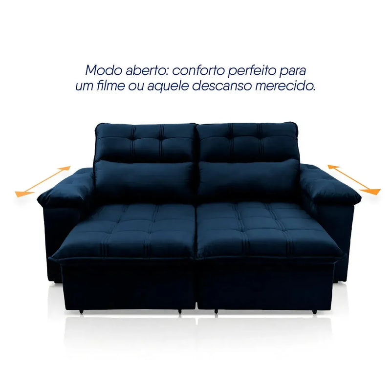 Sofá retrátil reclinável Verona 2,00m em suede velut azul marinho, com assentos estendidos.