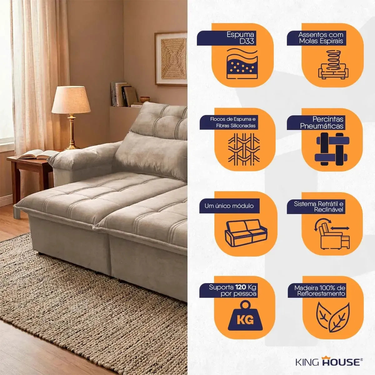 Sofá retrátil reclinável Verona 2,00m em suede velut bege, com molas no assento e design moderno.