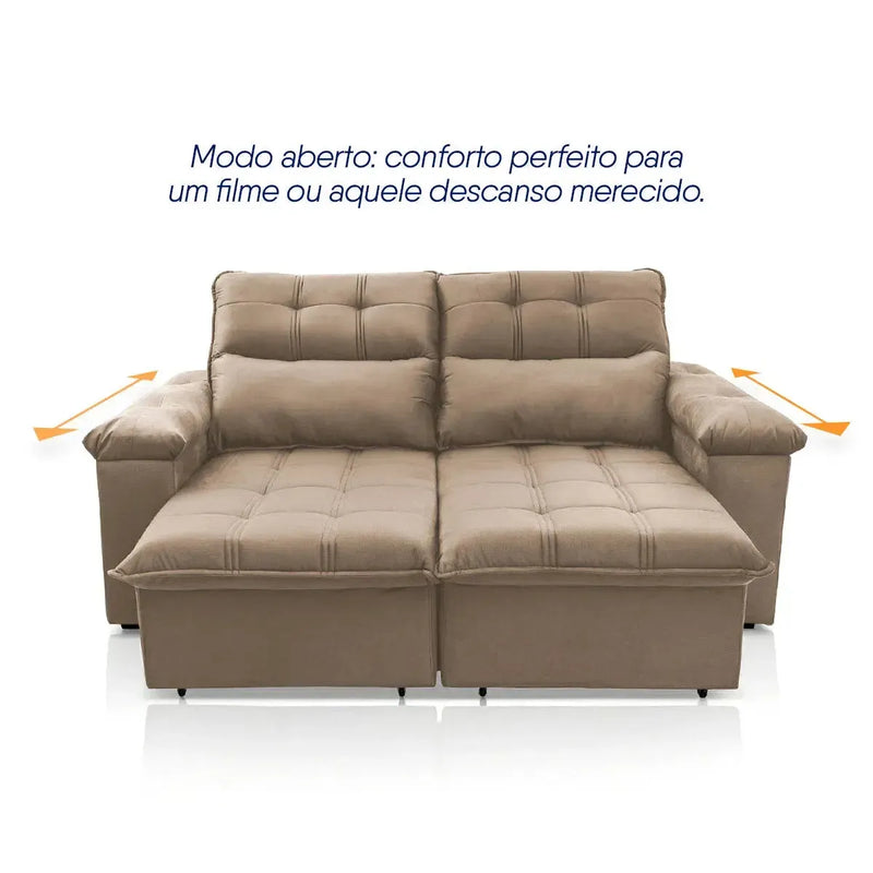 Sofá retrátil reclinável Verona 2,00m em suede velut bege, com assentos estendidos para conforto.