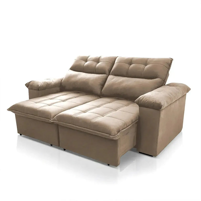 Sofá retrátil reclinável Verona 2,00m em suede velut bege, com molas no assento.