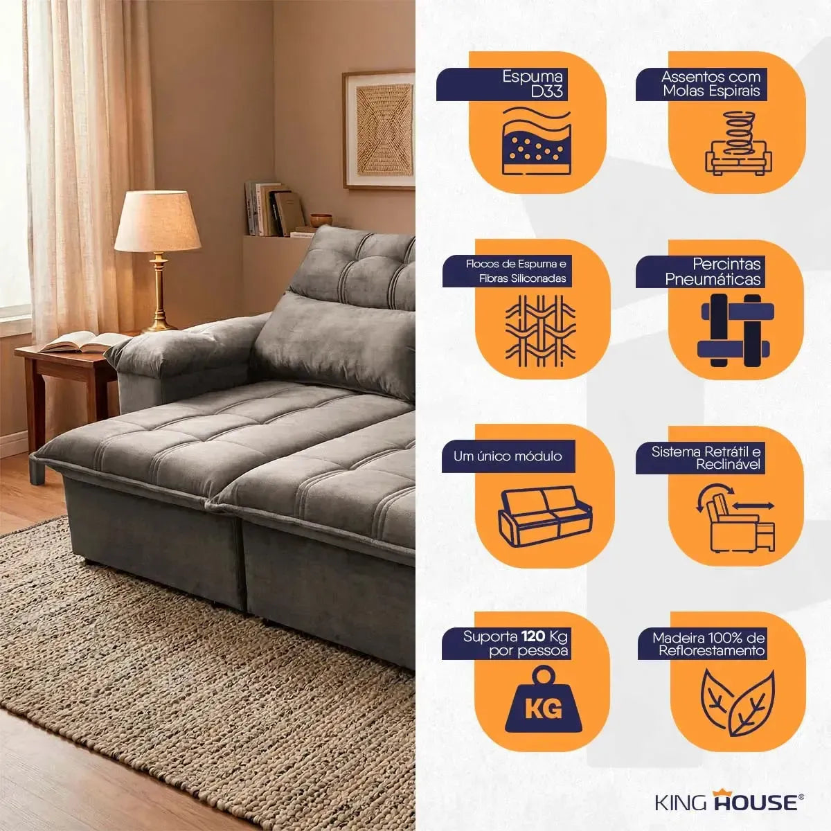 Sofá retrátil reclinável Verona cinza suede velut, com molas no assento e espuma D33.
