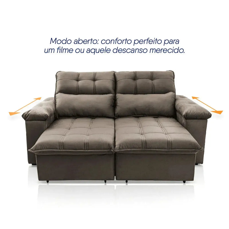 Sofá retrátil reclinável Verona 2,00m em suede velut marrom claro, com assentos estendidos para conforto.