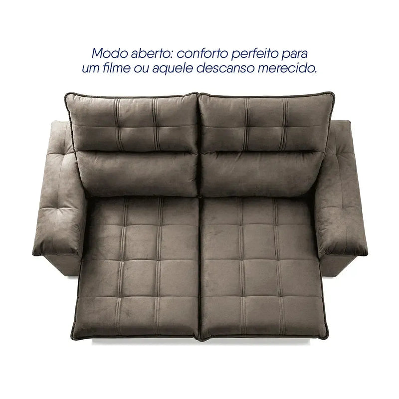 Sofá retrátil reclinável Verona 2,00m em suede velut marrom claro, com molas no assento, aberto para conforto.