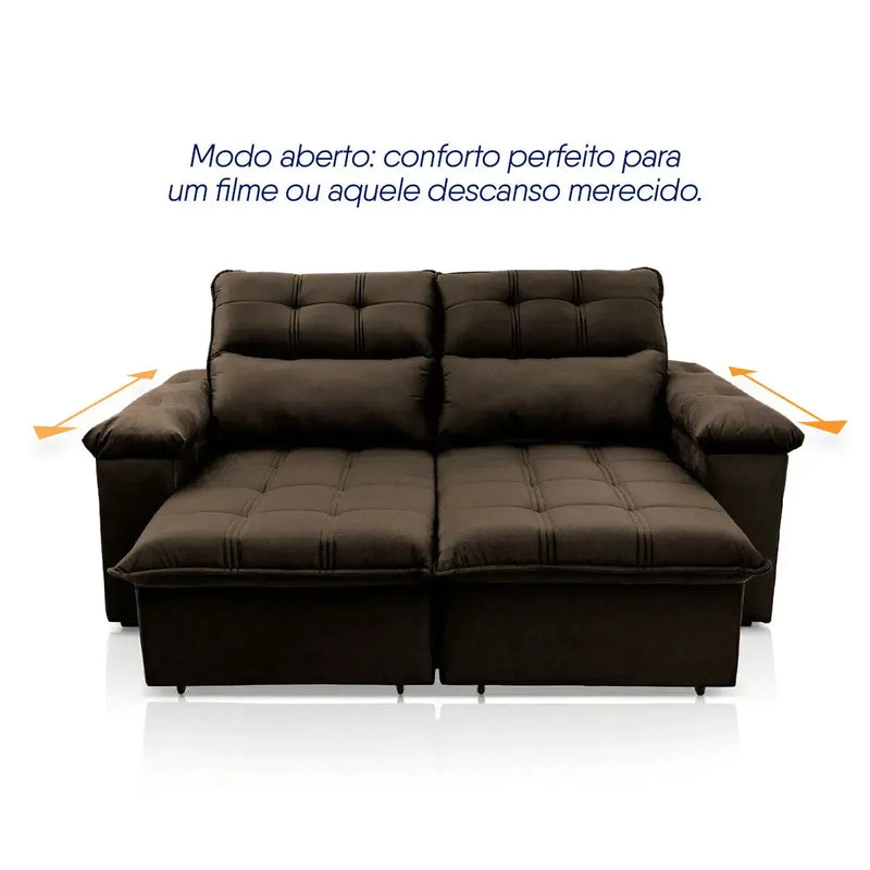 Sofá retrátil reclinável Verona marrom em suede velut, com assentos estendidos para conforto.