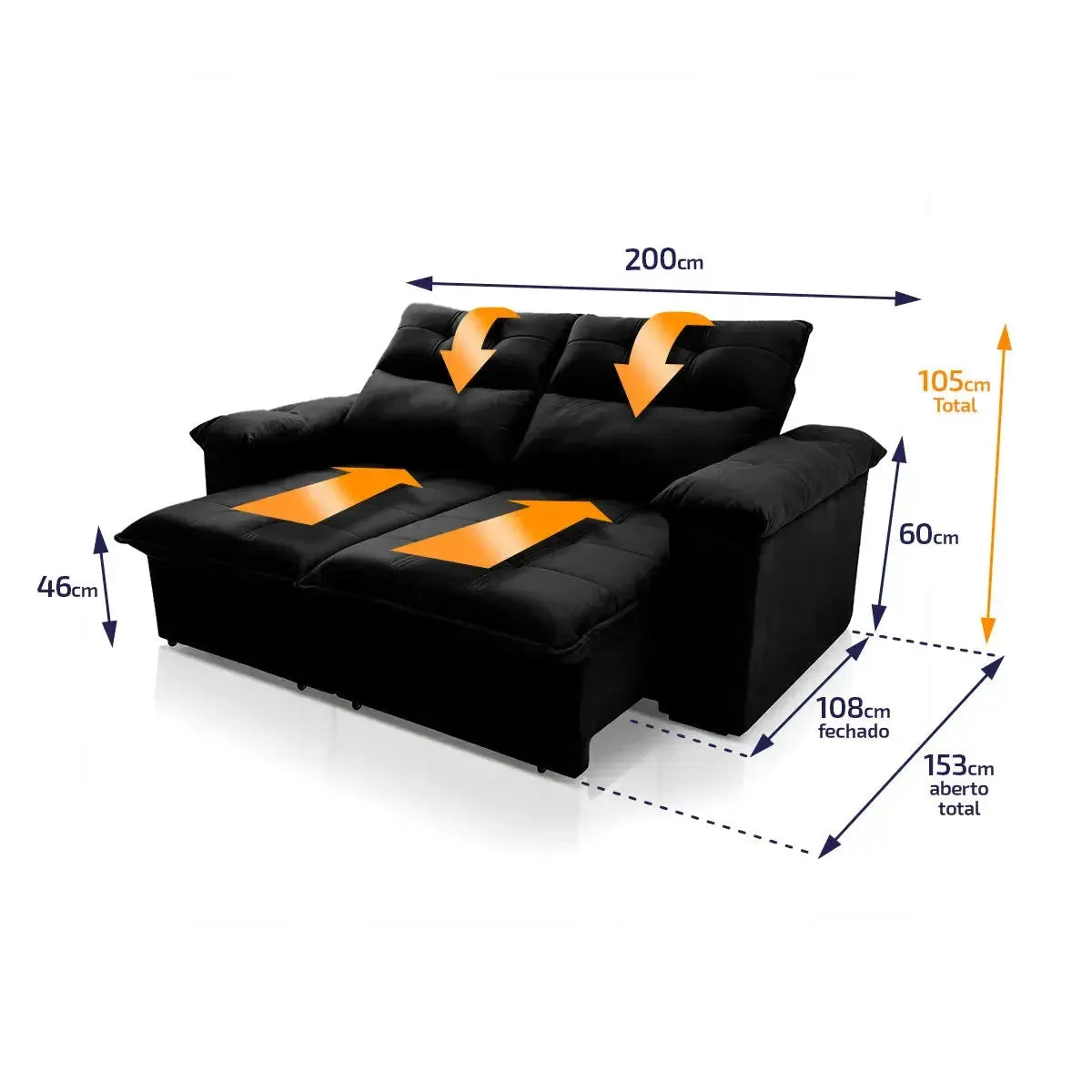 Sofá retrátil reclinável Verona 2,00m em suede velut preto com molas, mostrando dimensões.