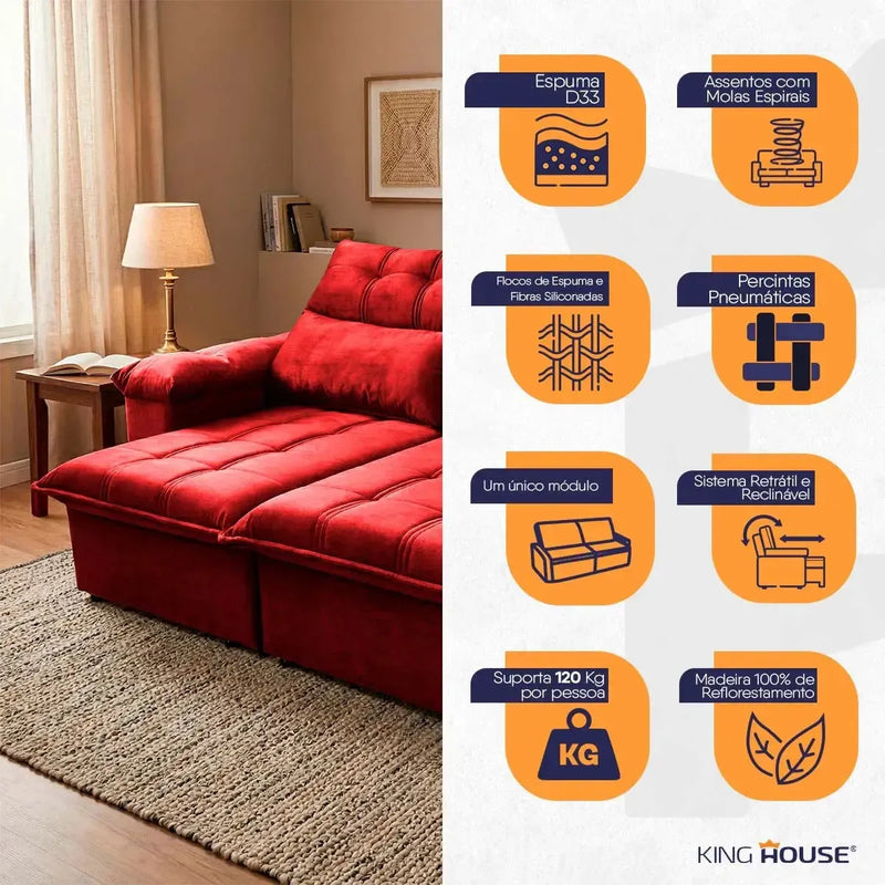 Sofá retrátil reclinável Verona vermelho em suede velut com molas no assento, em ambiente aconchegante.