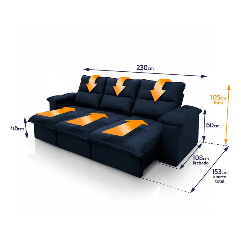 Sofá retrátil reclinável Verona azul marinho de 2,30m com assento em suede velut e molas.