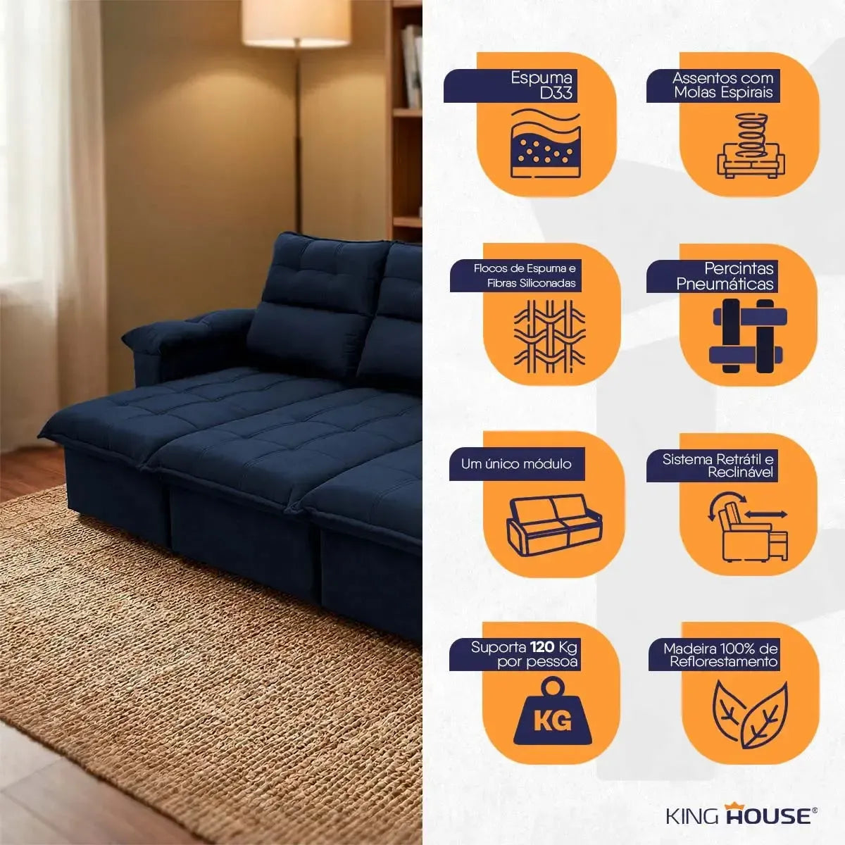 Sofá retrátil reclinável Verona azul marinho em suede velut, com molas no assento e espuma D33.