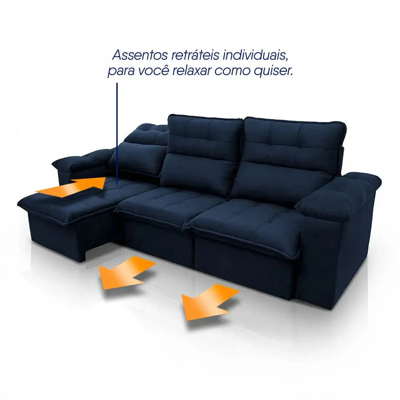Sofá retrátil reclinável Verona azul marinho em suede velut, com assentos individuais e molas.