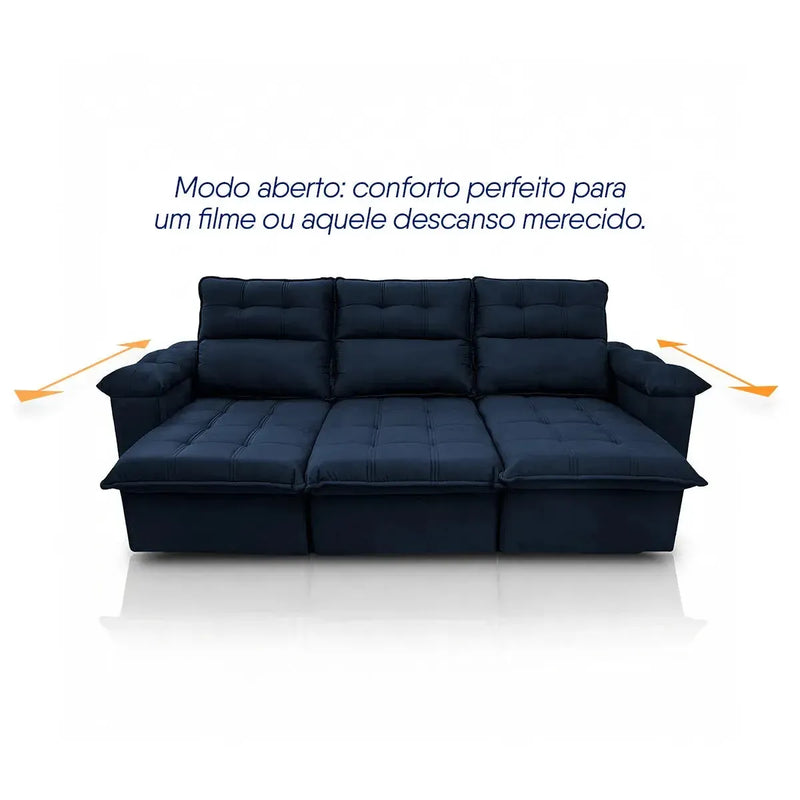 Sofá retrátil reclinável Verona azul marinho em suede velut, com assento estendido para conforto.