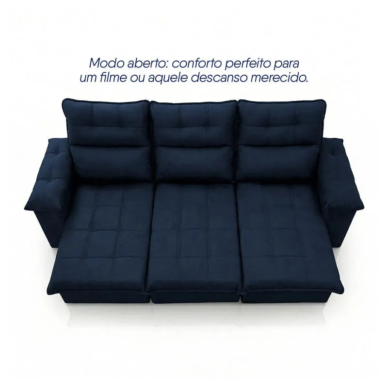 Sofá retrátil reclinável Verona 2,30m em suede velut azul marinho, com assento estendido para conforto.