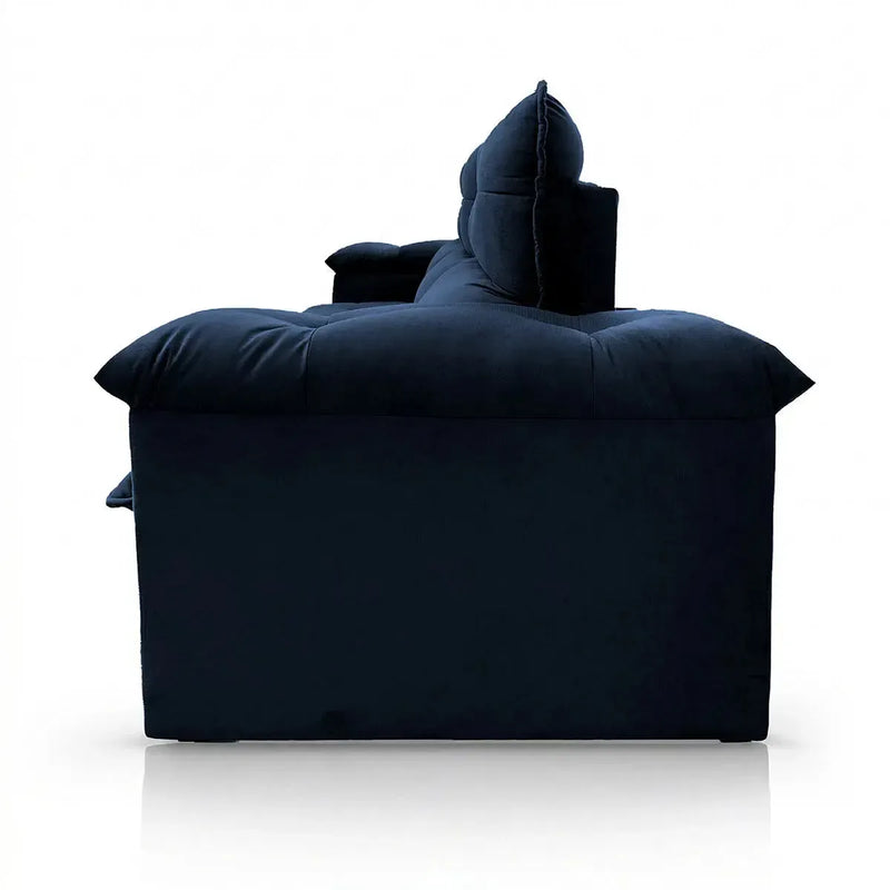 Sofá retrátil reclinável Verona azul marinho em suede velut, com molas no assento.