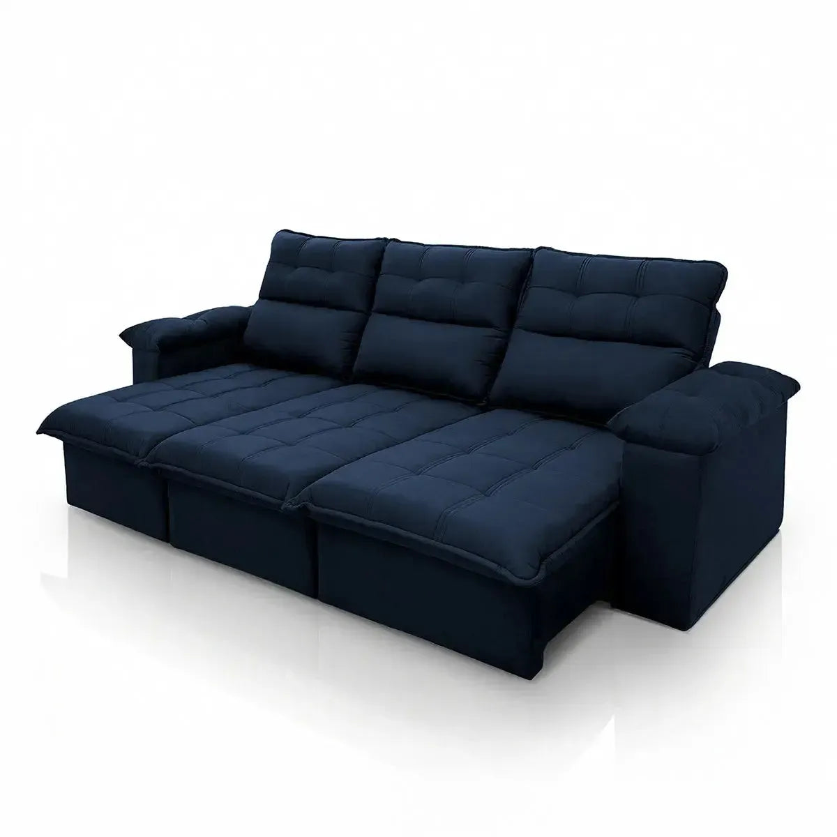 Sofá retrátil reclinável Verona 2,30m em suede velut azul marinho com molas no assento.