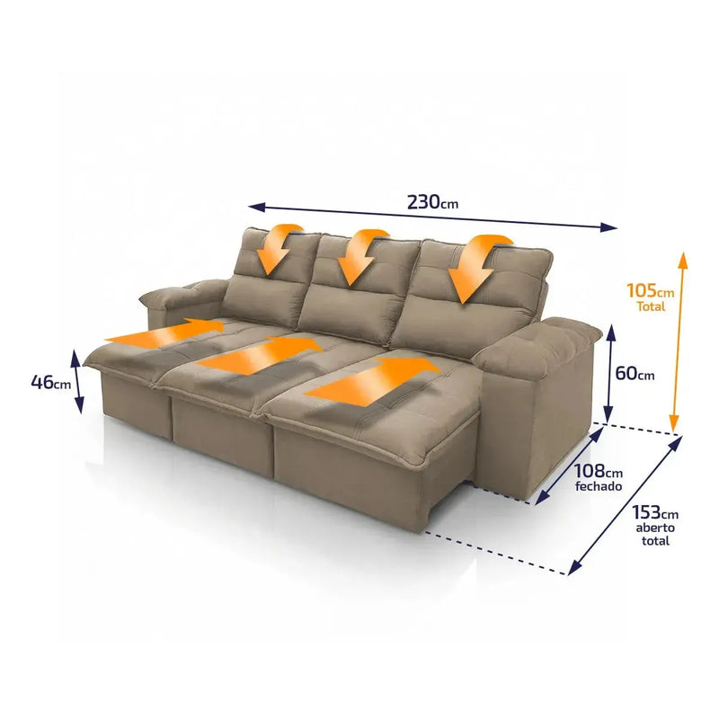Sofá retrátil reclinável Verona 2,30m em suede velut bege com molas, mostrando dimensões.