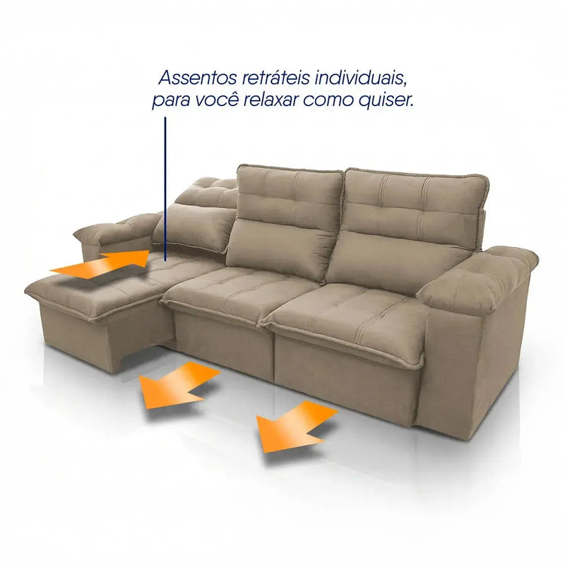 Sofá retrátil reclinável Verona bege de suede velut com assentos individuais e molas.