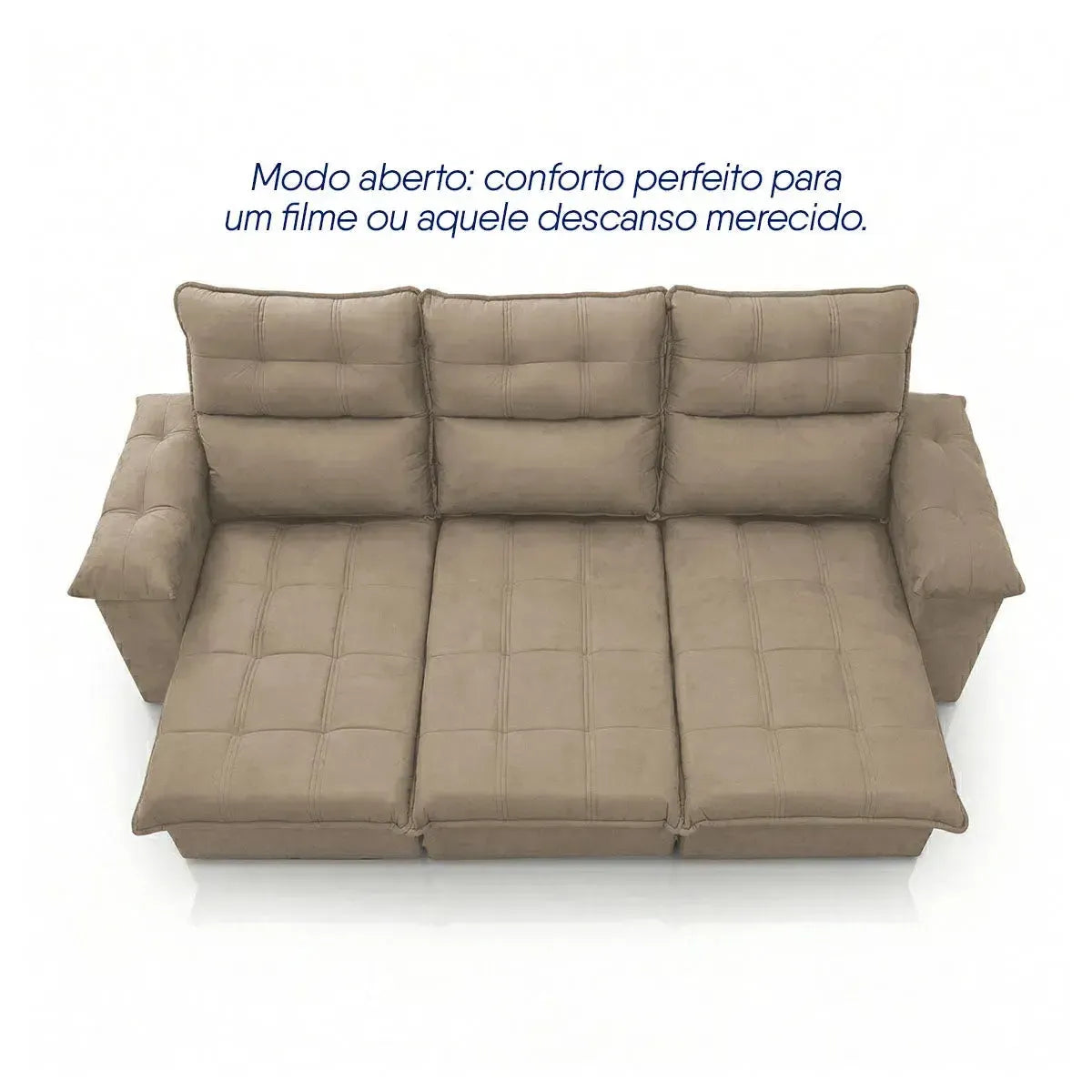 Sofá retrátil reclinável Verona 2,30m em suede velut bege, com assentos estendidos para conforto.
