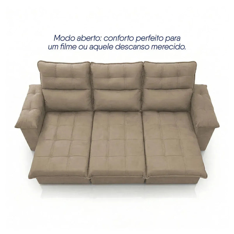 Sofá retrátil reclinável Verona 2,30m em suede velut bege, com assentos estendidos para conforto.
