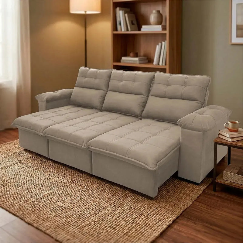 Sofá retrátil reclinável Verona 2,30m em suede velut bege com molas no assento, em sala aconchegante.