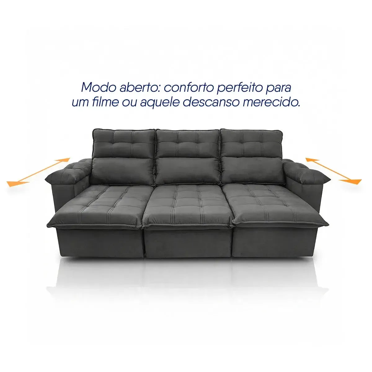 Sofá retrátil reclinável Verona 2,30m em suede velut cinza, com assento estendido.
