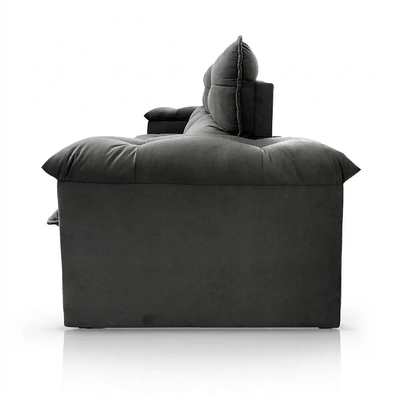 Sofá retrátil reclinável Verona 2,30m em suede velut cinza, com molas no assento.