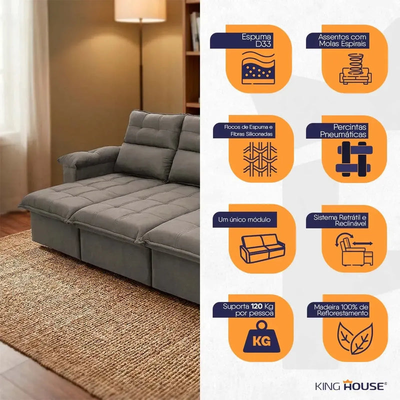 Sofá retrátil reclinável Verona cinza suede velut com molas no assento e espuma D33.