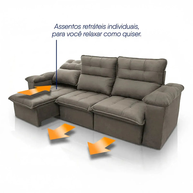 Sofá retrátil reclinável Verona 2,30m em suede velut marrom claro com assentos individuais.