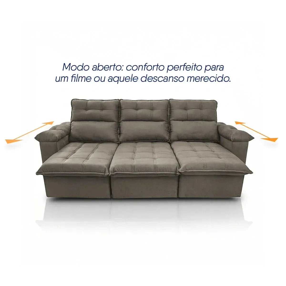 Sofá retrátil reclinável Verona 2,30m em suede velut marrom claro, com assentos estendidos.