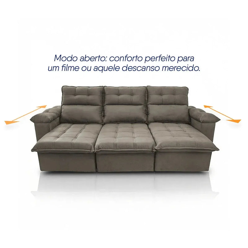 Sofá retrátil reclinável Verona 2,30m em suede velut marrom claro, com assentos estendidos.