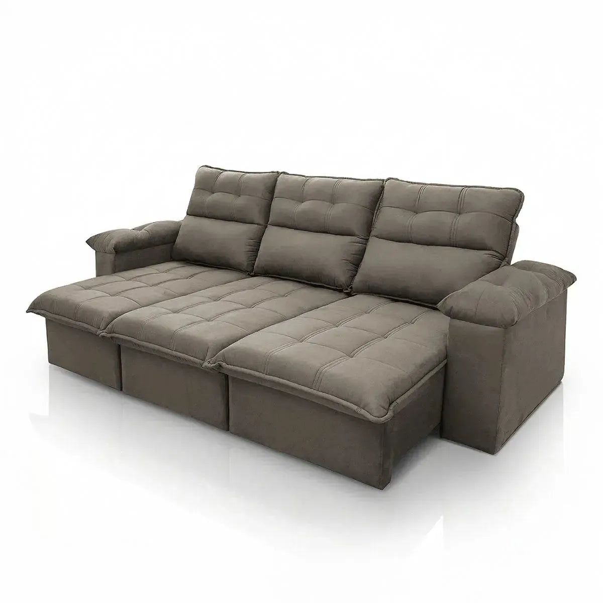 Sofá retrátil reclinável Verona 2,30m em suede velut marrom claro, com molas no assento.