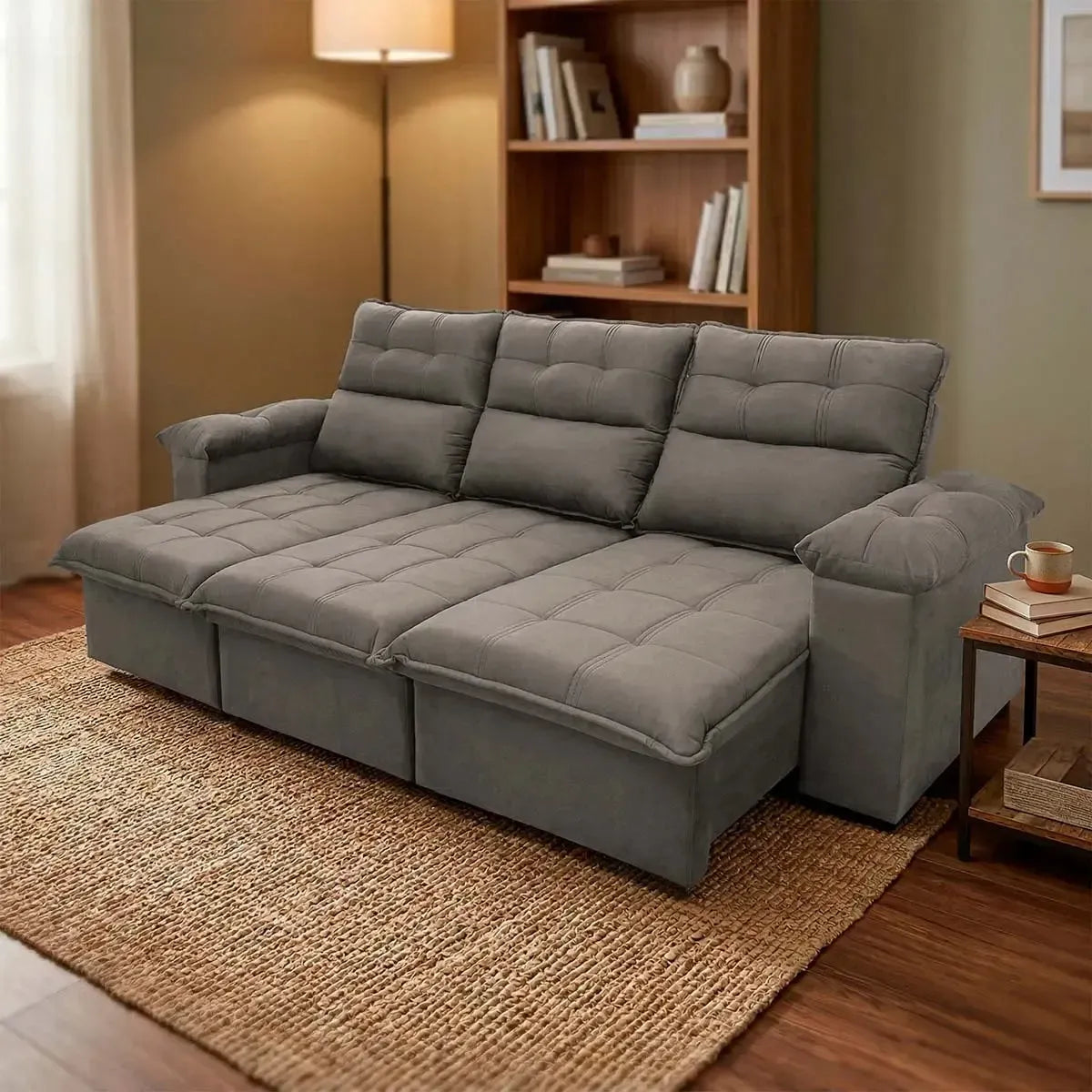 Sofá retrátil reclinável Verona cinza em suede velut com assento estendido e molas.