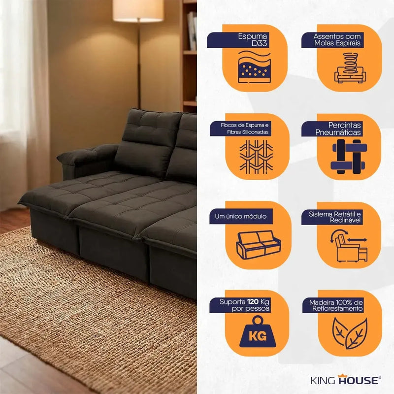 Sofá retrátil reclinável Verona marrom escuro em suede velut, com molas no assento e espuma D33.