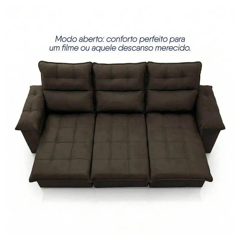 Sofá retrátil reclinável Verona marrom suede velut, com assentos estendidos para conforto.