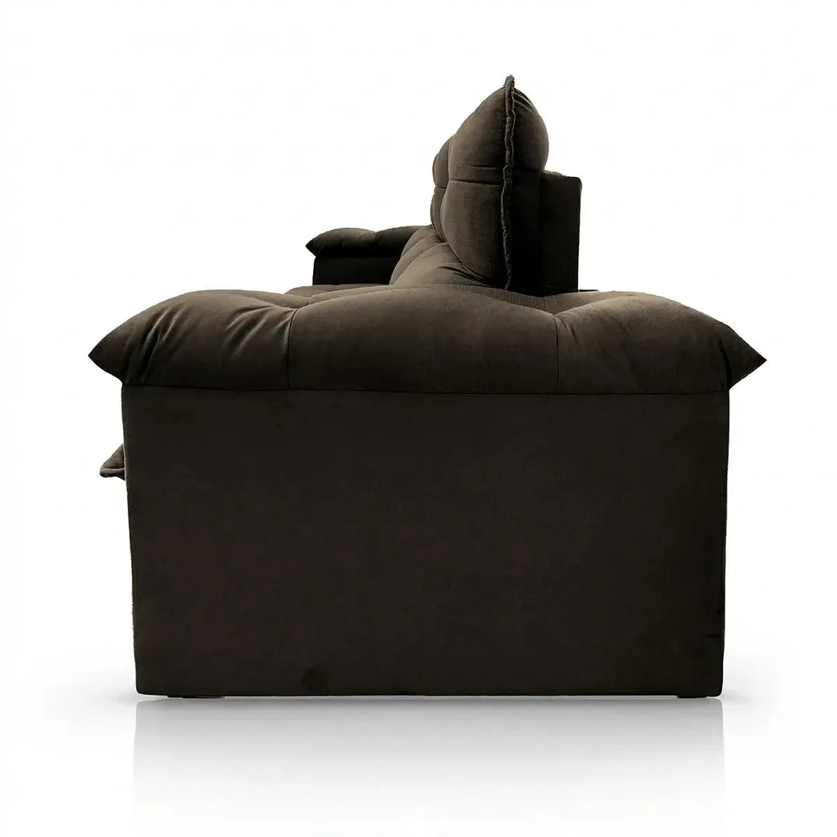 Sofá retrátil reclinável Verona marrom em suede velut com molas, vista lateral.
